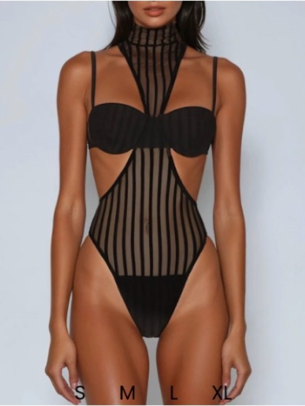 Striped Sheer High-Neck Black Chemise